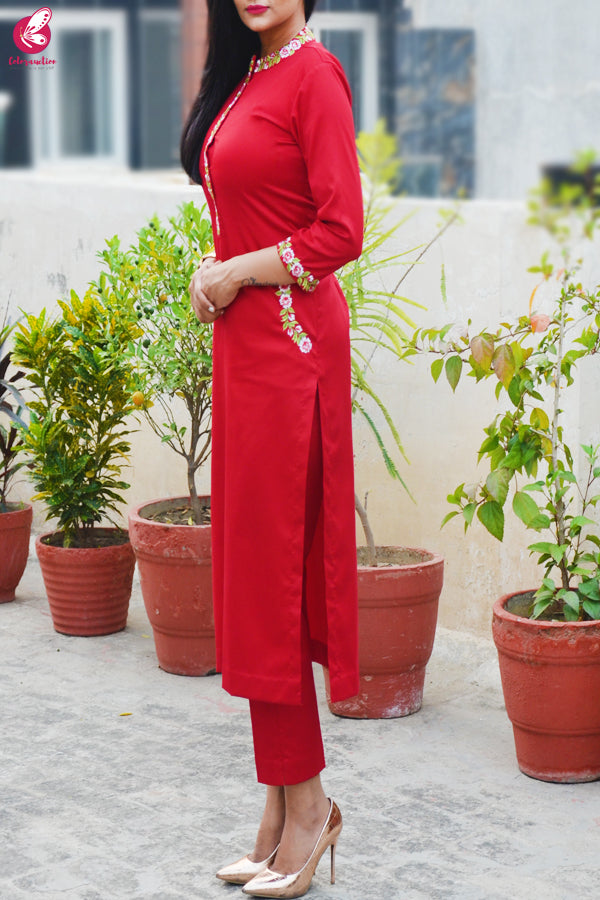 Red Cotton Silk Embroidered Kurti Set