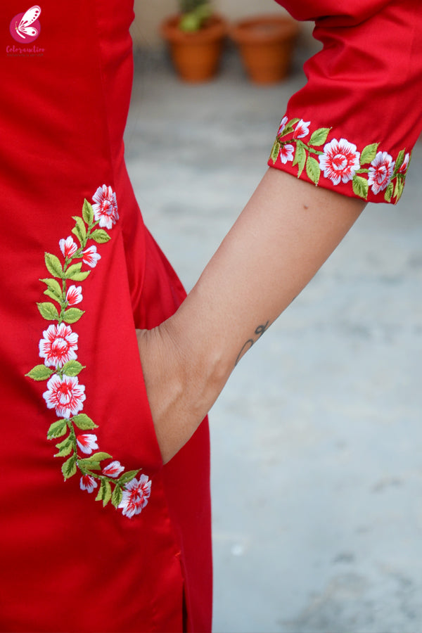 Red Cotton Silk Embroidered Kurti Set