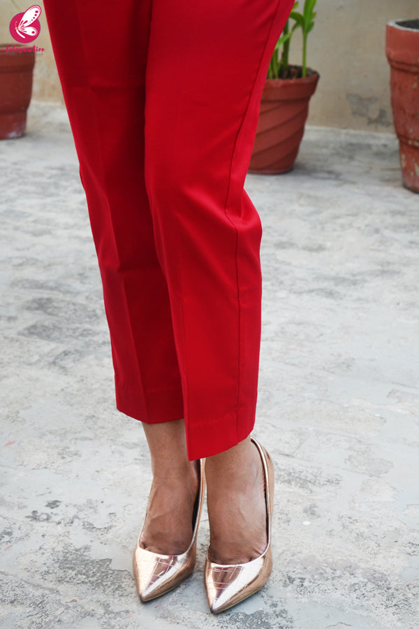 Red Cotton Silk Embroidered Kurti Set