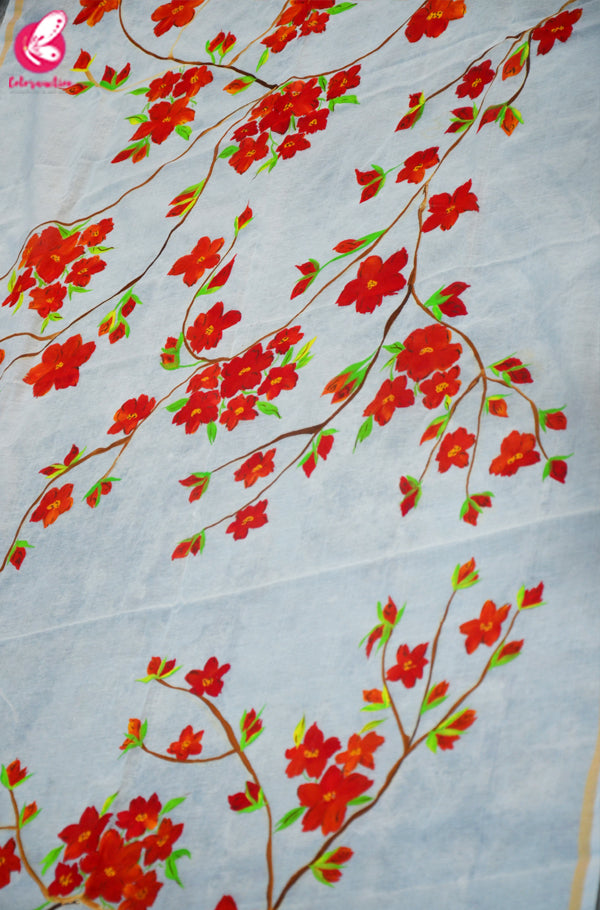 Off White Chanderi Floral Handpainted Stole