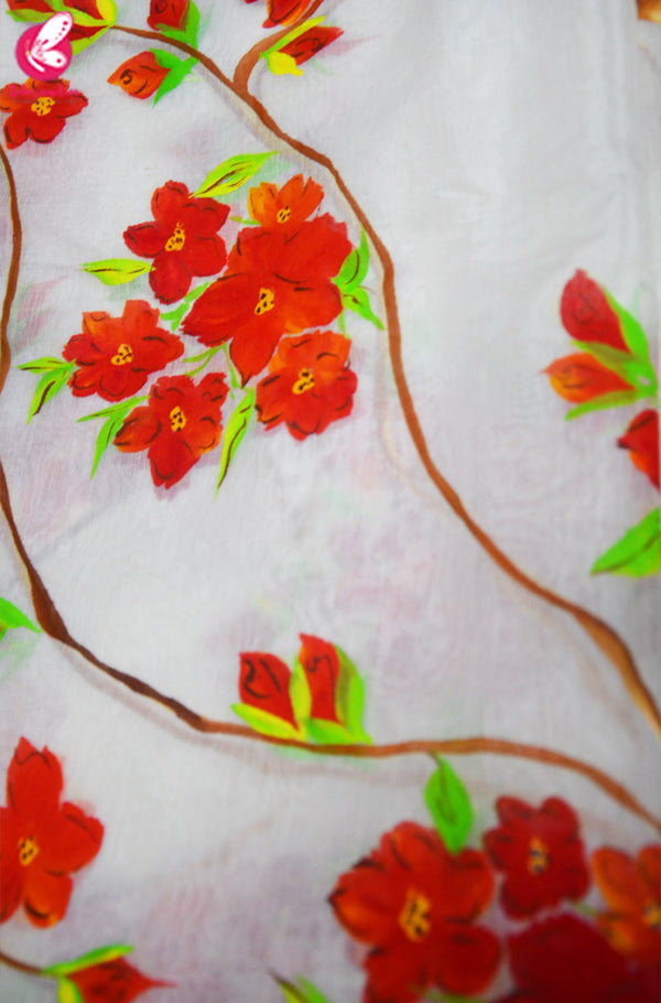 Off White Chanderi Floral Handpainted Stole