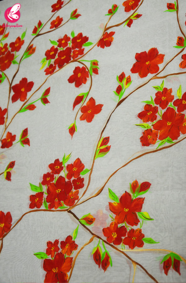 Off White Chanderi Floral Handpainted Stole