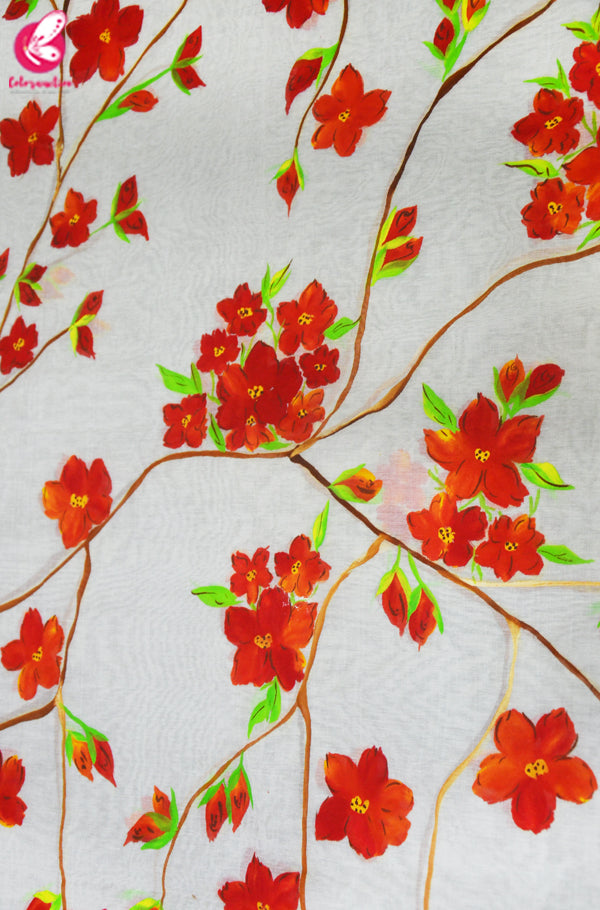Off White Chanderi Floral Handpainted Stole