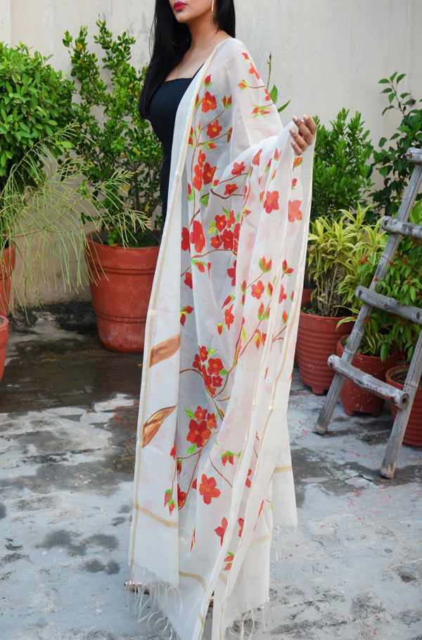 Off White Chanderi Floral Handpainted Stole