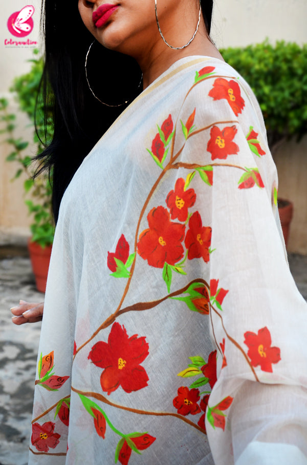Off White Chanderi Floral Handpainted Stole