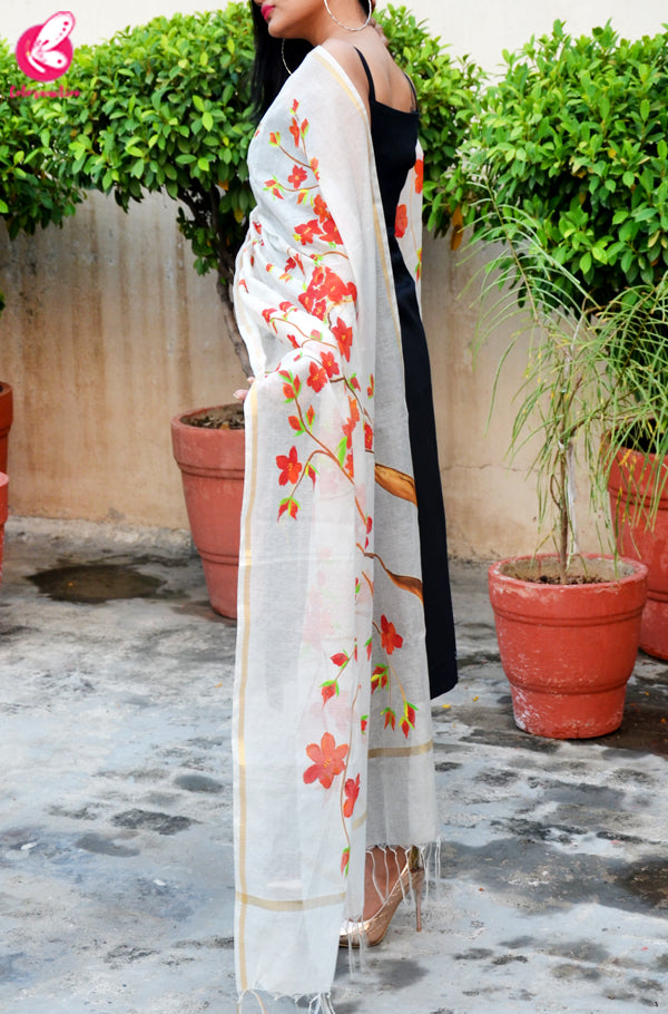 Off White Chanderi Floral Handpainted Stole