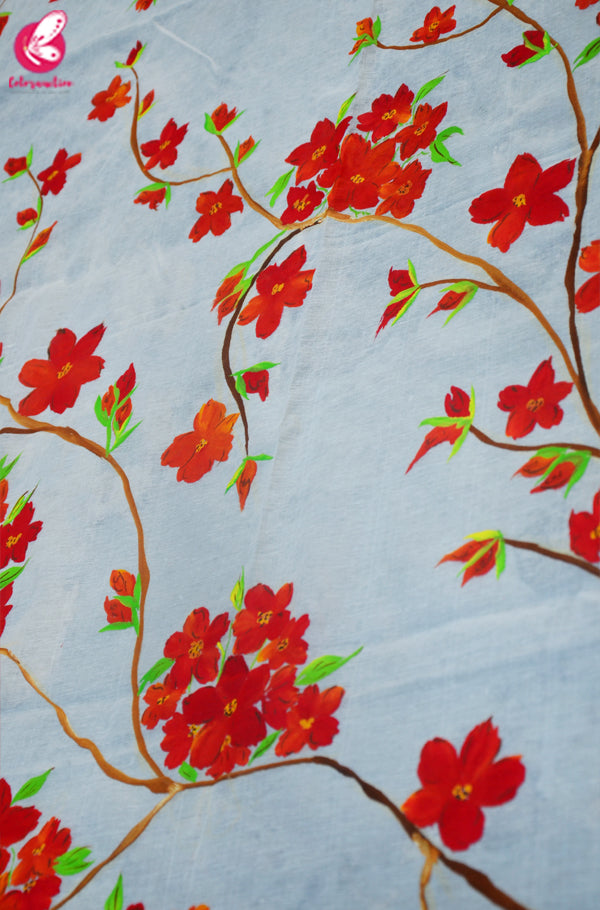 Off White Chanderi Floral Handpainted Stole
