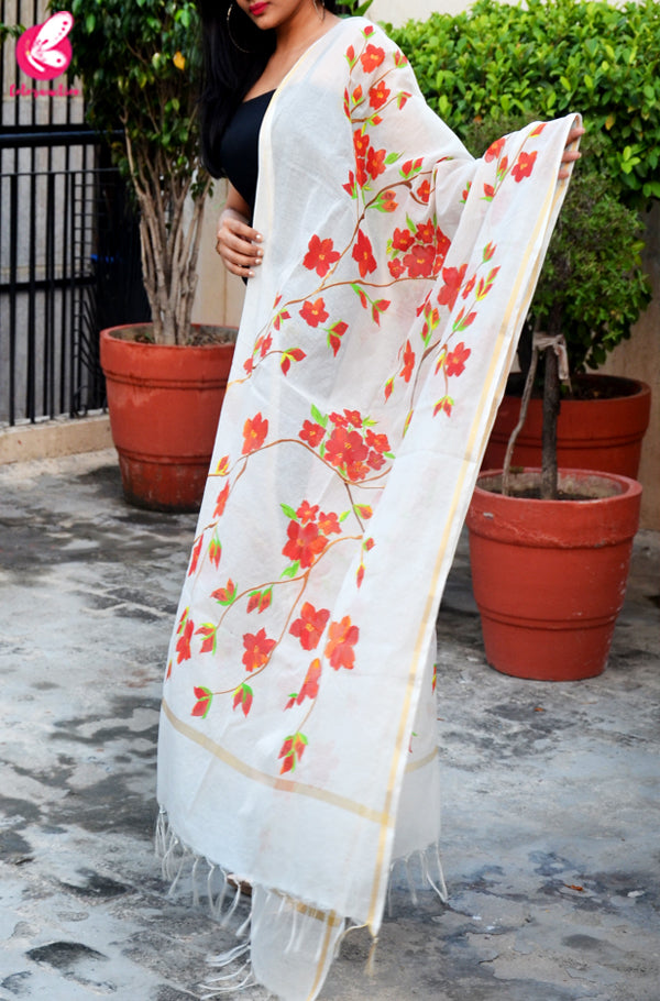 Off White Chanderi Floral Handpainted Stole