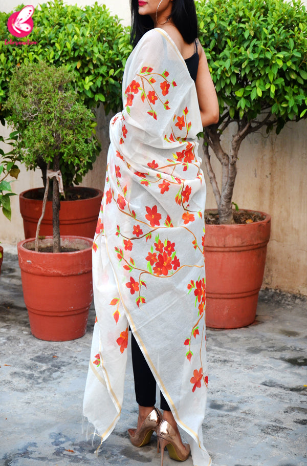 Off White Chanderi Floral Handpainted Stole