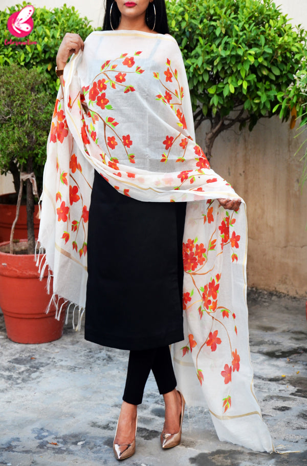 Off White Chanderi Floral Handpainted Stole