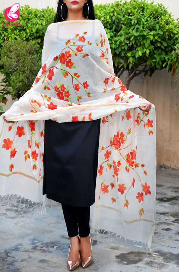 Off White Chanderi Floral Handpainted Stole