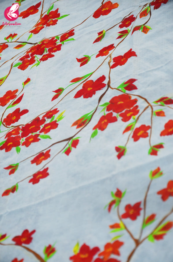 Off White Chanderi Floral Handpainted Stole