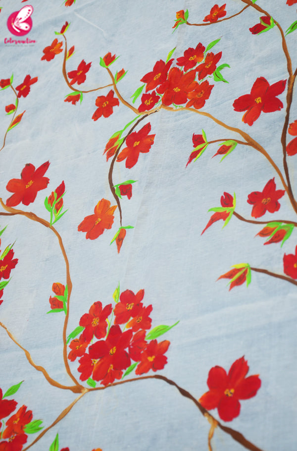 Off White Chanderi Floral Handpainted Stole