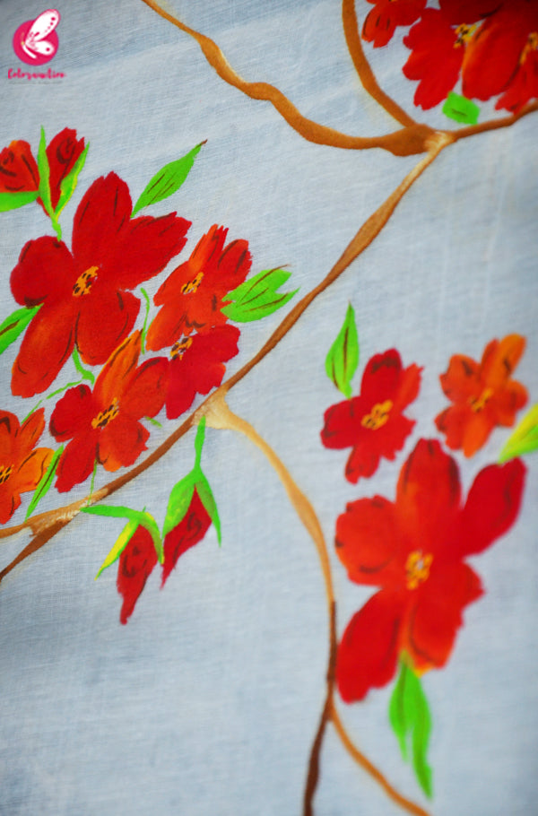 Off White Chanderi Floral Handpainted Stole