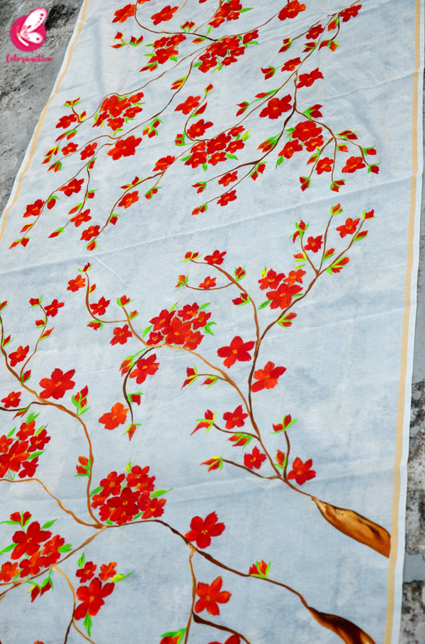 Off White Chanderi Floral Handpainted Stole