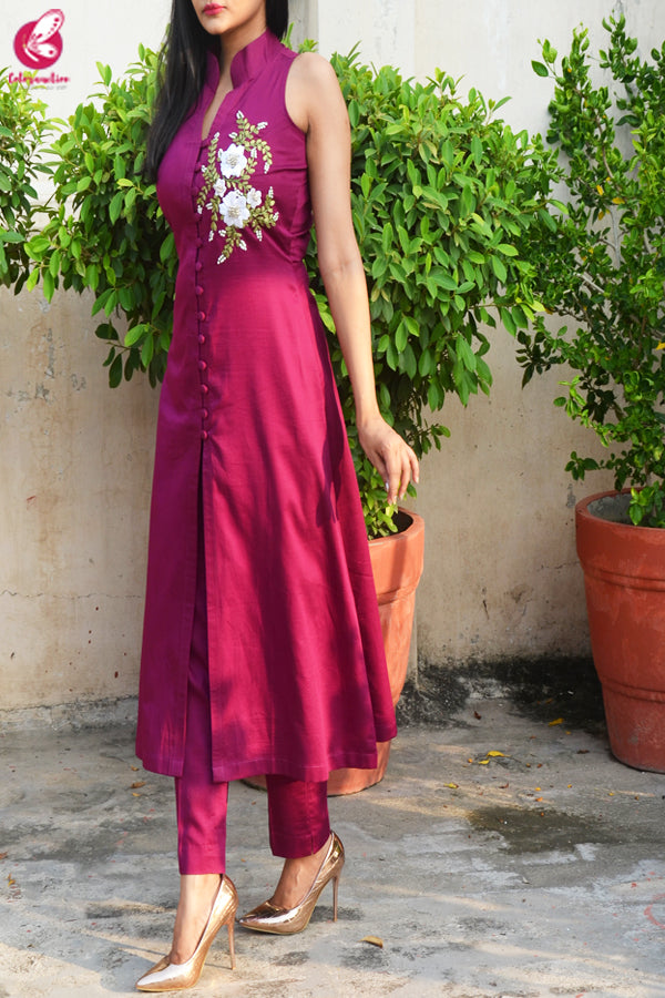 Wine Ribbon Handwork Cotton Silk Kurti with Wine Cotton Silk Pants
