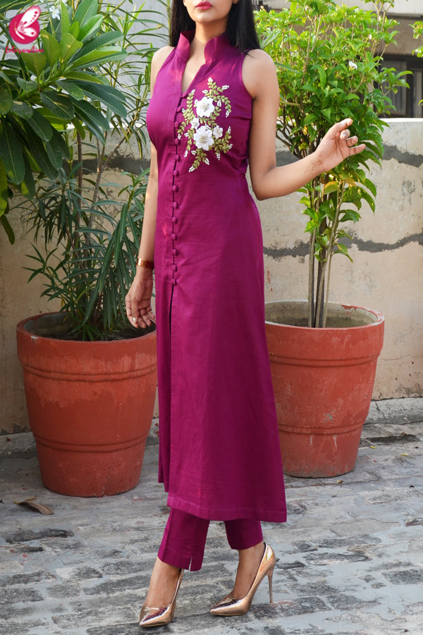 Wine Ribbon Handwork Cotton Silk Kurti with Wine Cotton Silk Pants