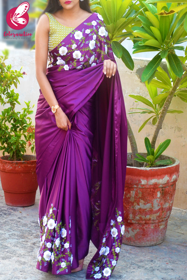 Plum Pure Satin Floral Ribbon Handwork Saree