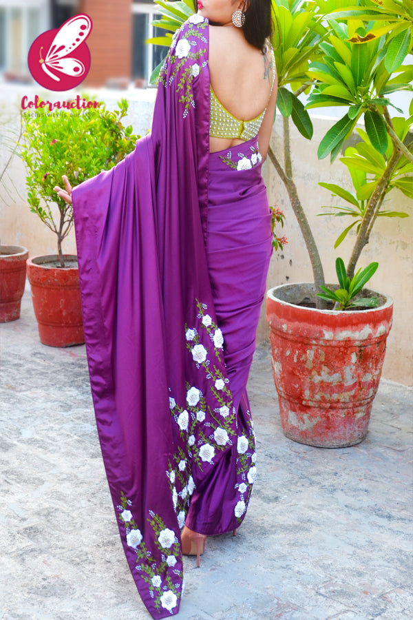 Plum Pure Satin Floral Ribbon Handwork Saree