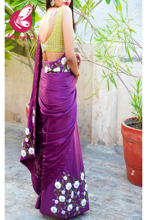 Plum Pure Satin Floral Ribbon Handwork Saree
