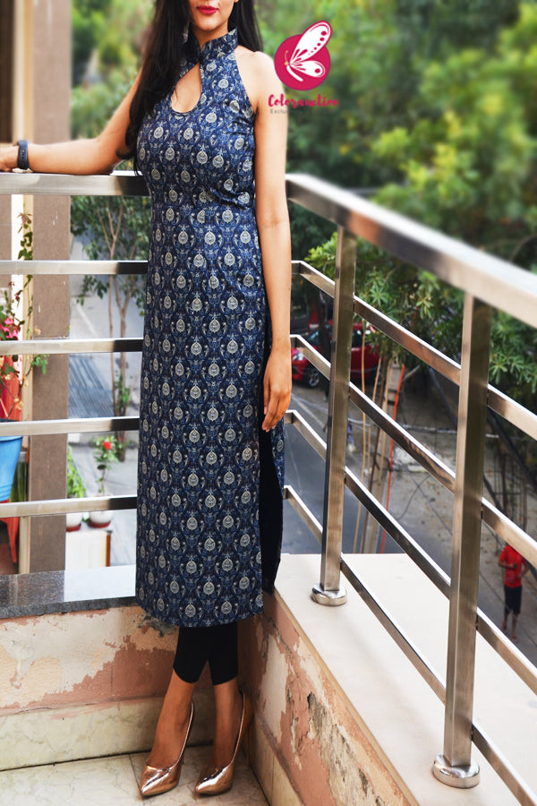 Blue Printed Sleeveless Cotton Silk Kurti