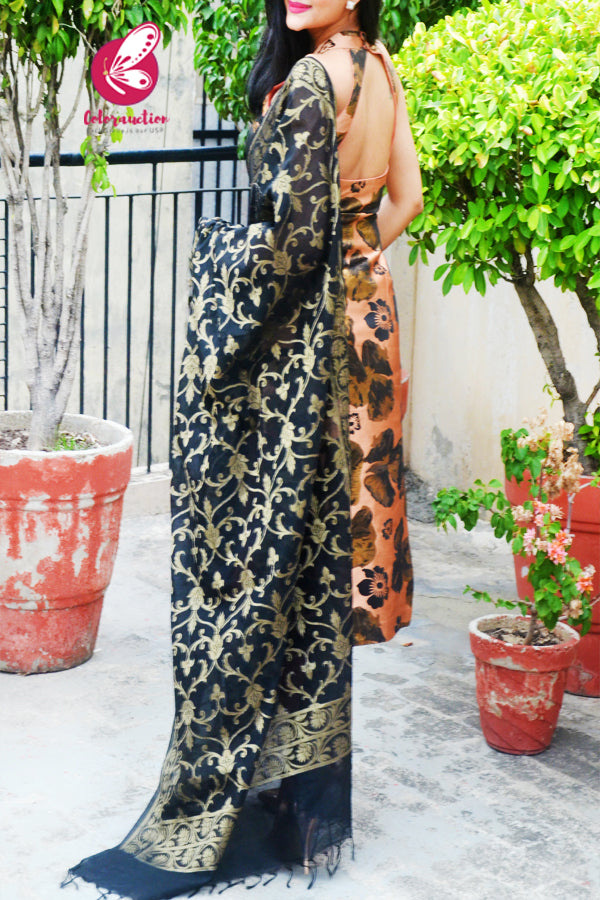 Peach &amp; Golden Brocade Silk Padded Kurti with Peach Cotton Silk Pants and Black &amp; Golden Chanderi Dupatta