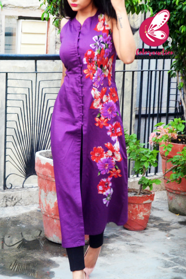 Purple Cotton Silk Sleeveless Patch Work Kurti