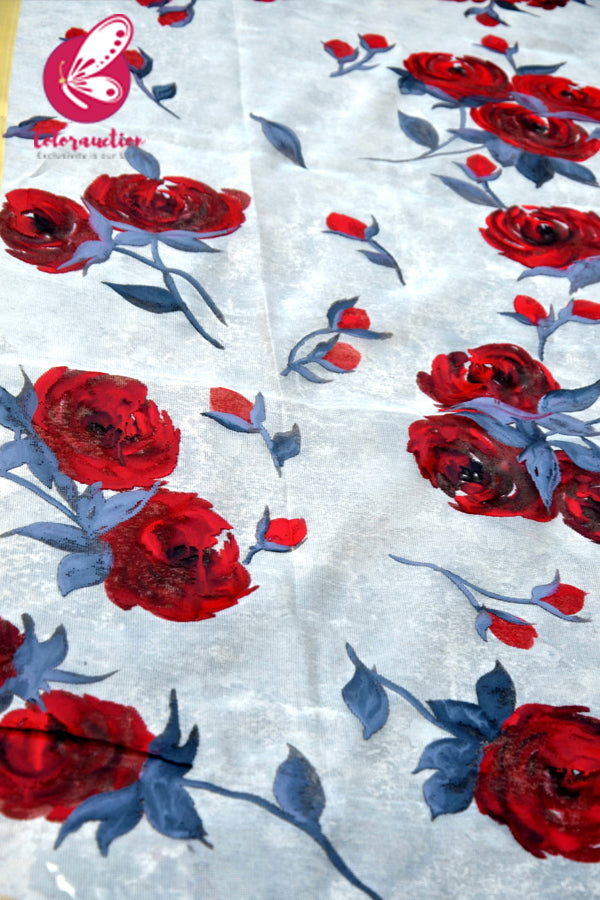 Off White Pure Organza Grey Red Roses Floral Stole