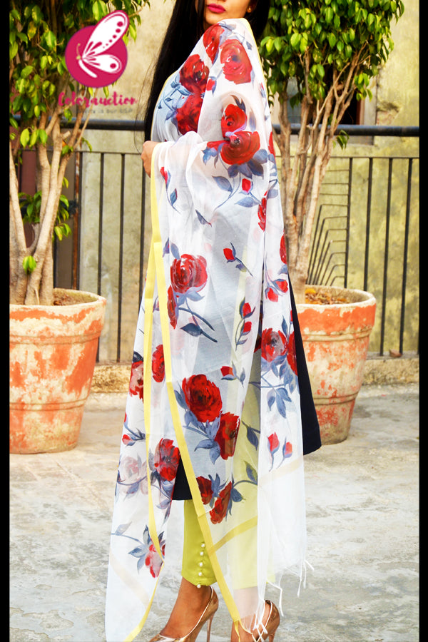 Off White Pure Organza Grey Red Roses Floral Stole