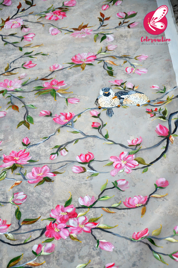 White Organza Handpainted Pink Floral Stole