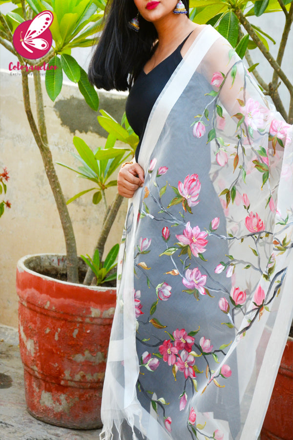 White Organza Handpainted Pink Floral Stole