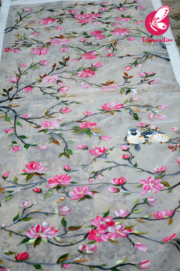 White Organza Handpainted Pink Floral Stole
