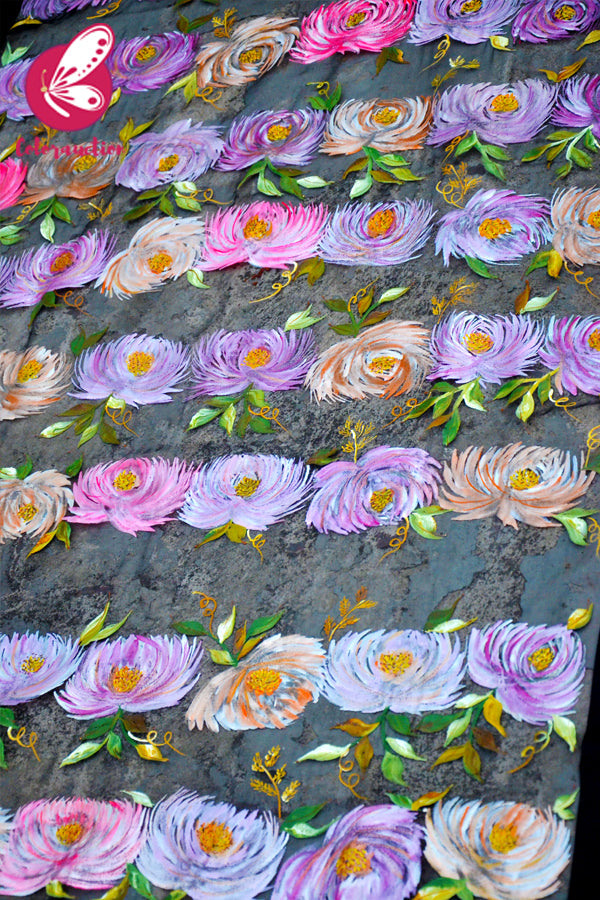 Black Pure Organza Floral Multicoloured Roses Hand painted Stole