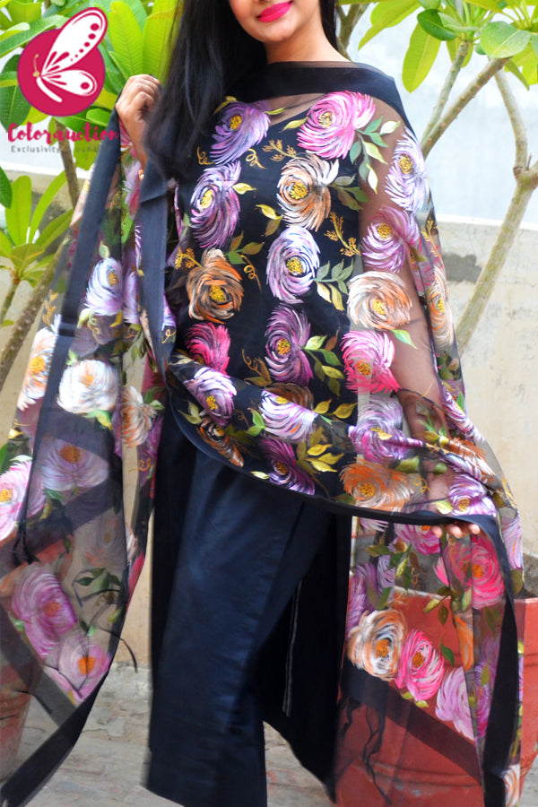 Black Pure Organza Floral Multicoloured Roses Hand painted Stole