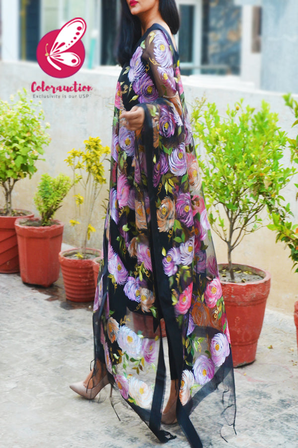 Black Pure Organza Floral Multicoloured Roses Hand painted Stole