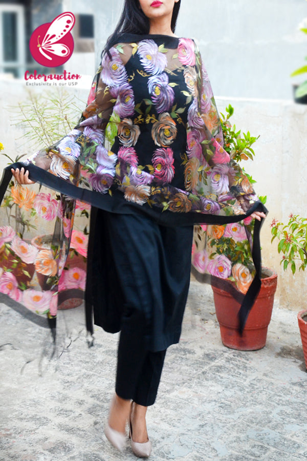 Black Pure Organza Floral Multicoloured Roses Hand painted Stole