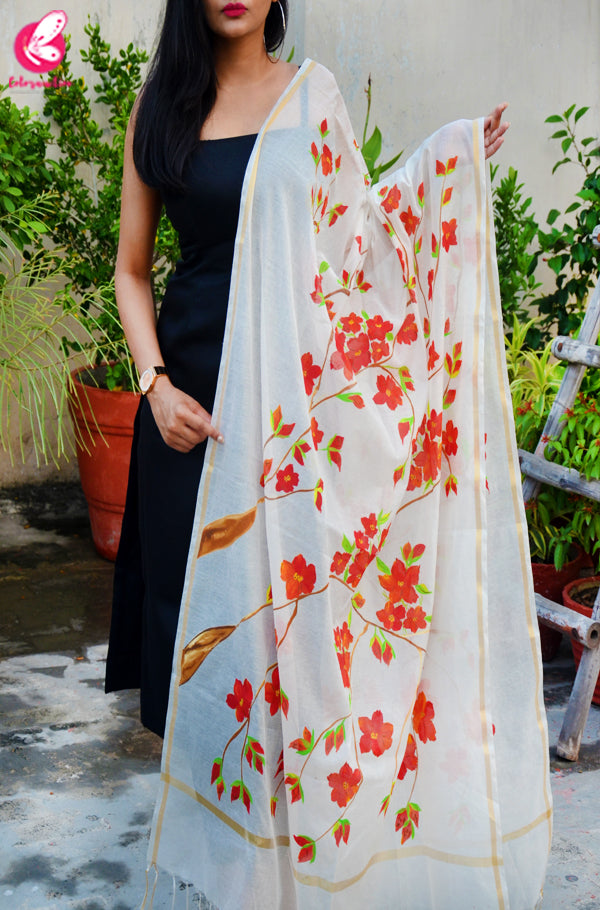 Off White Chanderi Floral Handpainted Stole