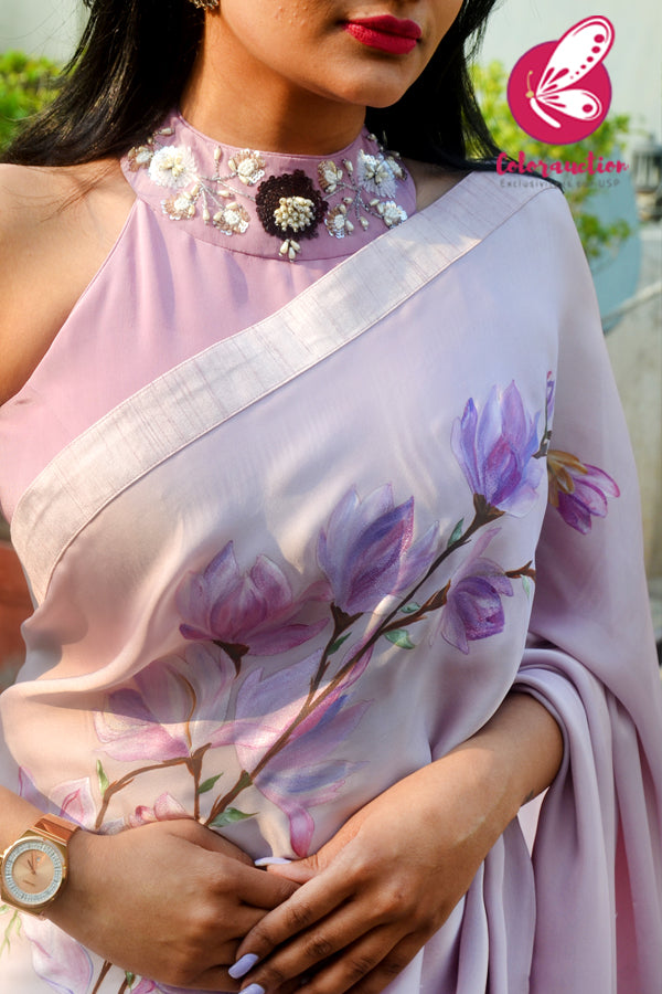 Mauve Pink Hand-painted Silk Georgette Saree