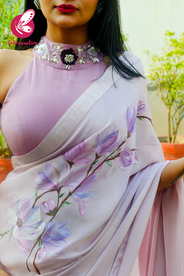 Mauve Pink Hand-painted Silk Georgette Saree