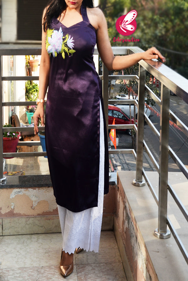 Purple Embroidered Satin Halter Neck Straight Fit Kurti