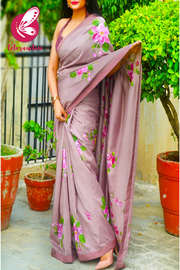 Mauvish Hand Painted Floral Pure Silk Chiffon Saree