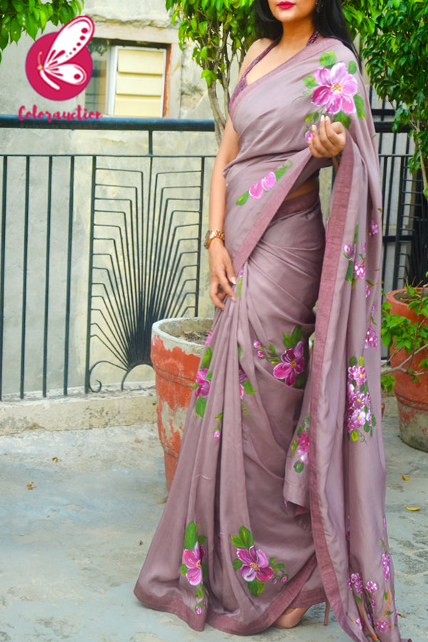 Mauvish Hand Painted Floral Pure Silk Chiffon Saree