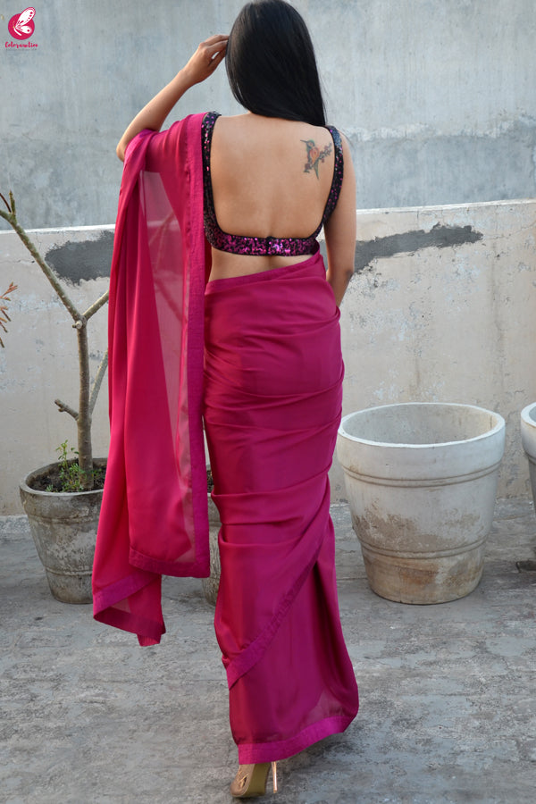Garnet Silk Georgette Dupion Silk Taping Saree