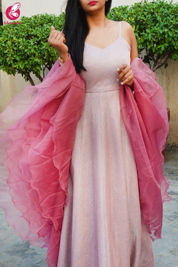 Baby Pink Pure Crepe Shimmer Padded Gown with Dark Pink Pure Organza Ruffle Stole