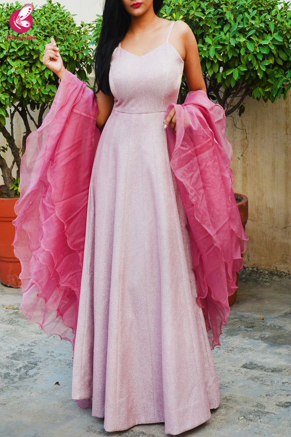 Baby Pink Pure Crepe Shimmer Padded Gown with Dark Pink Pure Organza Ruffle Stole