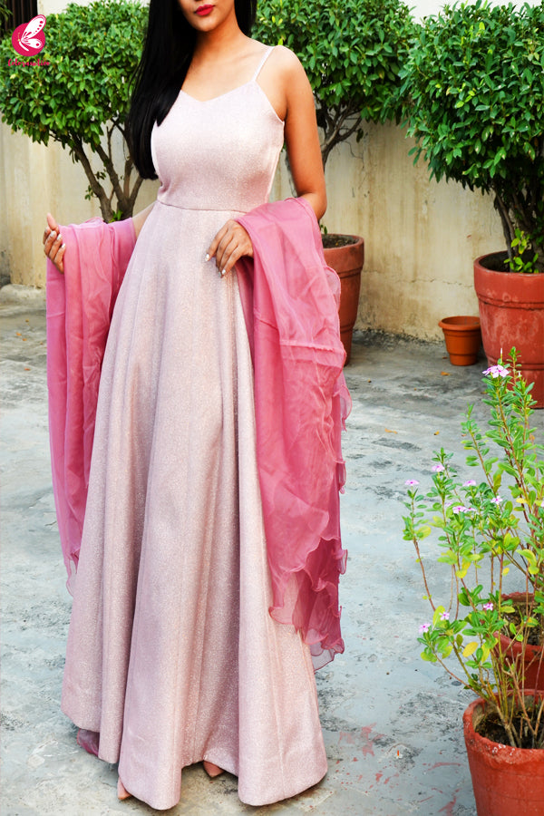 Baby Pink Pure Crepe Shimmer Padded Gown with Dark Pink Pure Organza Ruffle Stole