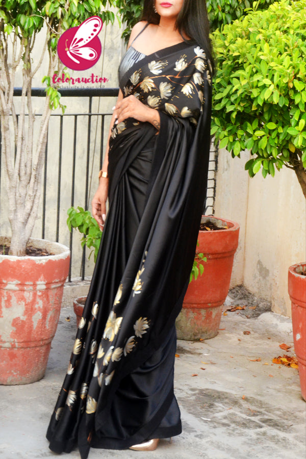Black Satin Floral Handpainted Saree