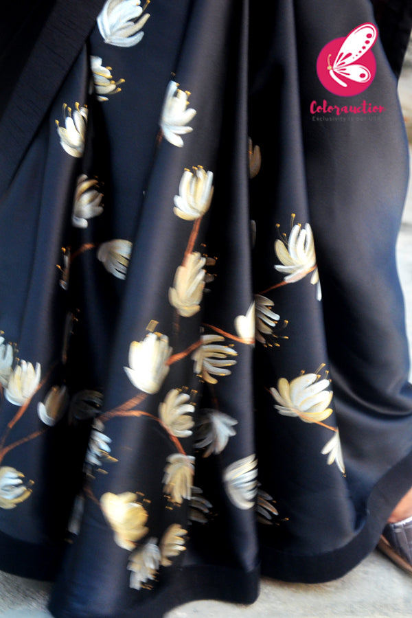 Black Satin Floral Handpainted Saree