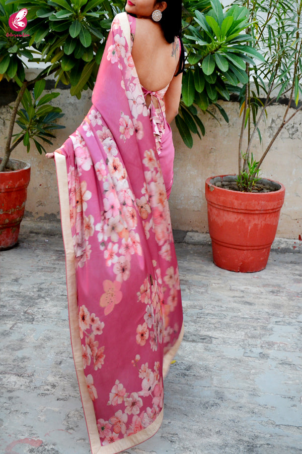 Printed Pinkish Mauve Satin Saree