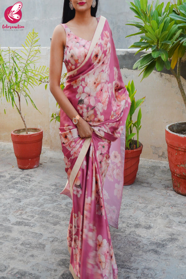 Printed Pinkish Mauve Satin Saree
